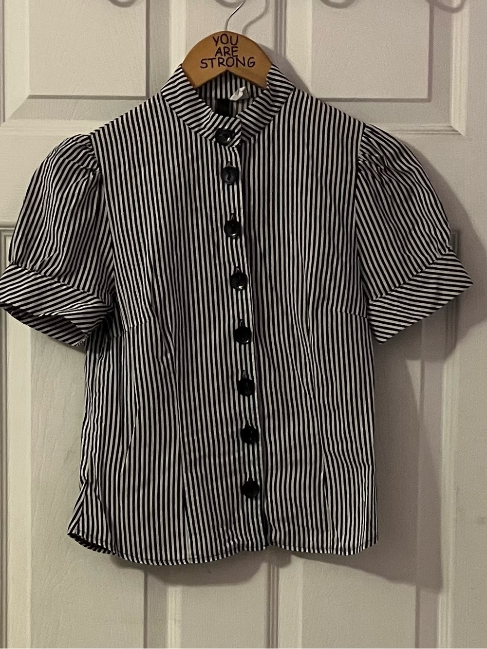 H&M Black and White Striped Short Sleeve Button-Down Shirt